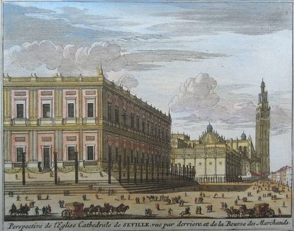 Spain, Seville, Giralda P. van der Aa, 1707, Perspective de l´Eglise Cathedrale de Seville, vue par derriere et de la Bourse des Marchands