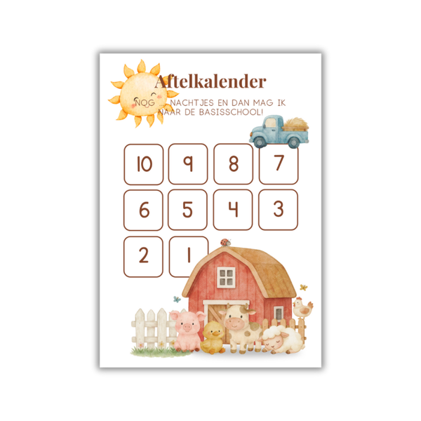 Aftelkalender naar de basisschool - Boerderij - printable