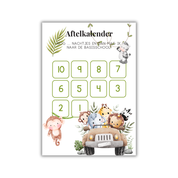 Aftelkalender naar de basisschool - Jungle - printable