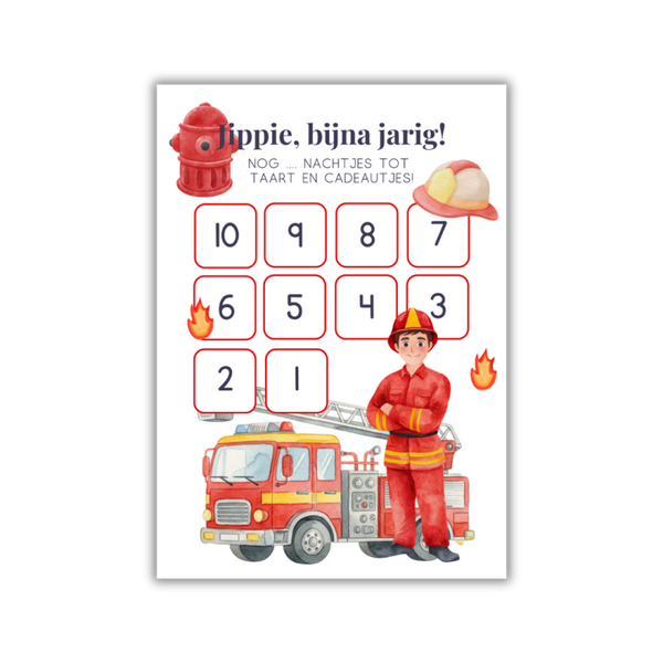 Aftelkalender verjaardag - Brandweer - printable