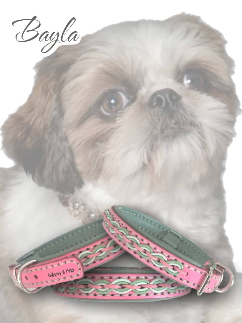 Exclusieve halsband in roze tuigleer, Cover-Up voor kleine Seresto 