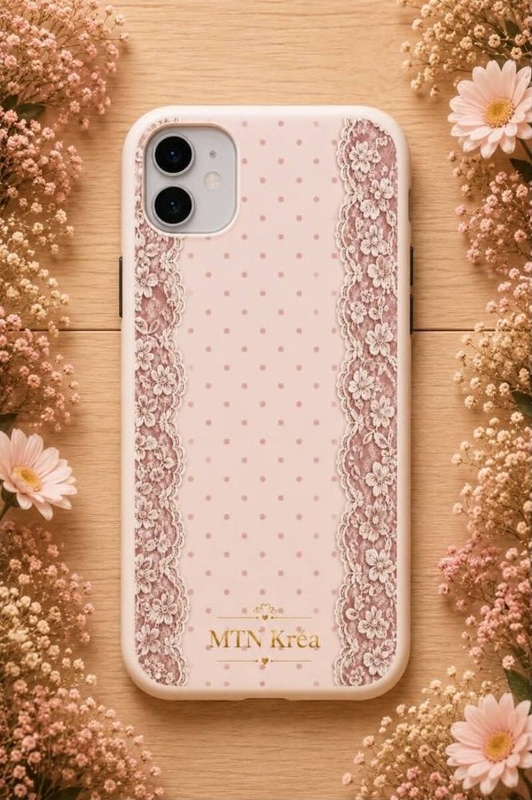 coque dentelle rose poudré