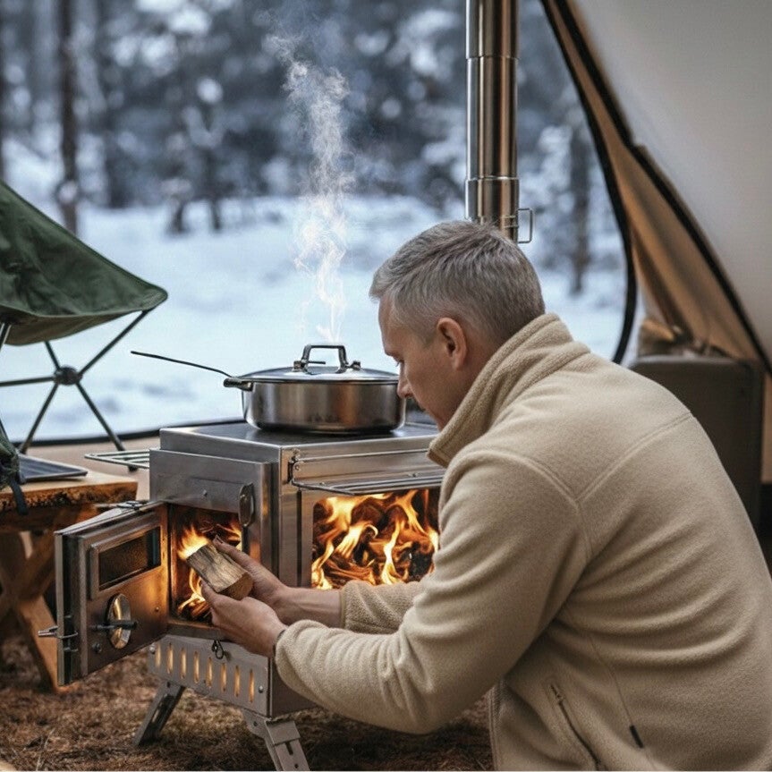 Hout in de tentstove leggen in een bell tent in de winter