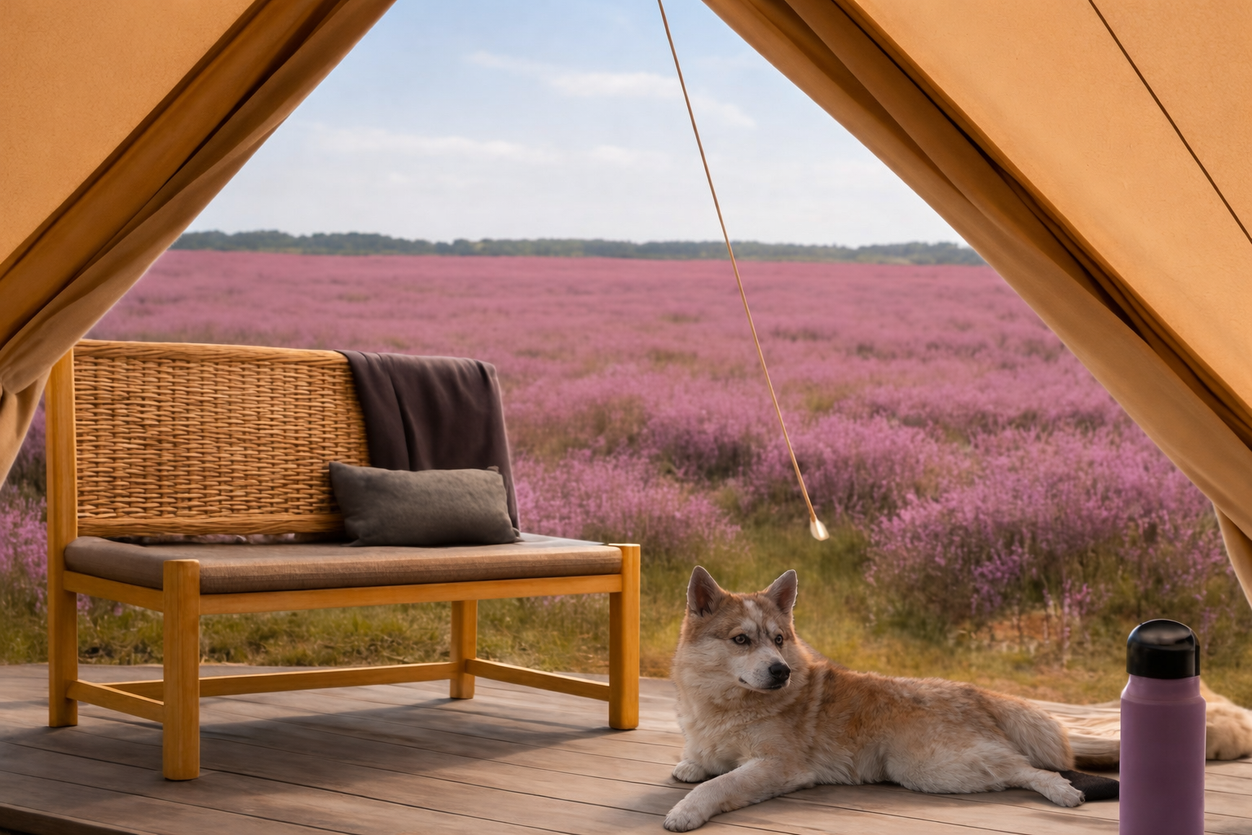 Uitzicht over de heide vanuit de bell tent, met Sky op de vloer