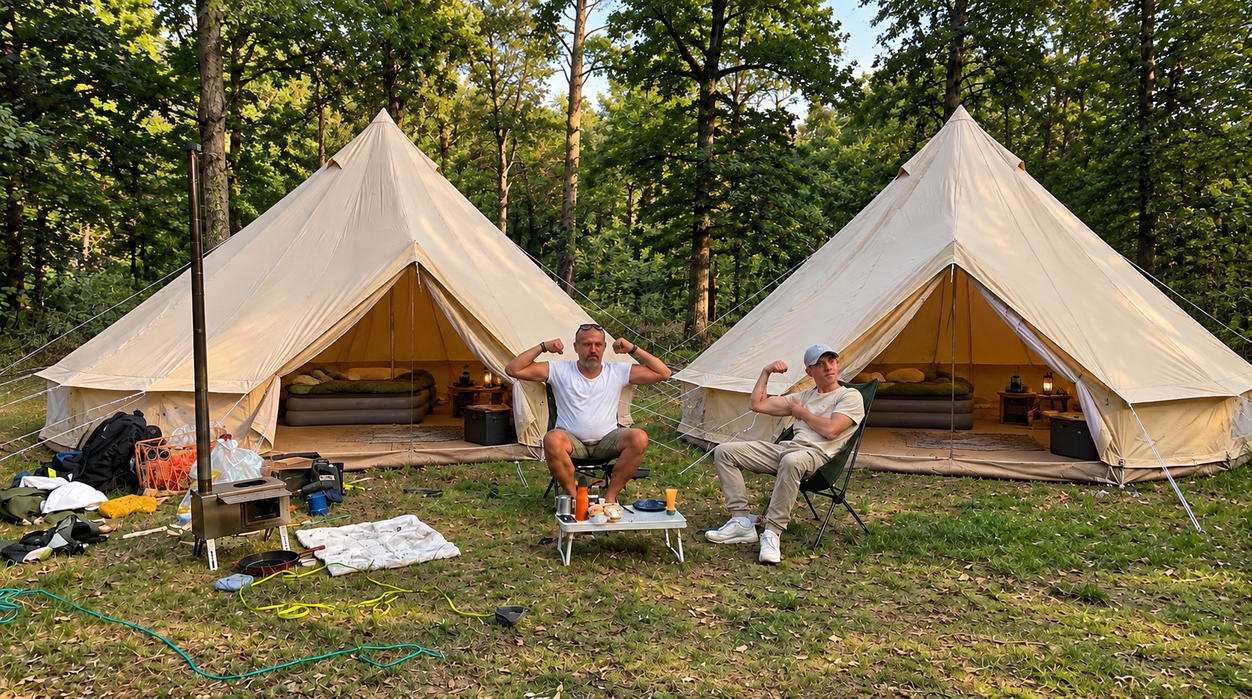 Twee bell tenten op de camping met een tentstove ervoor
