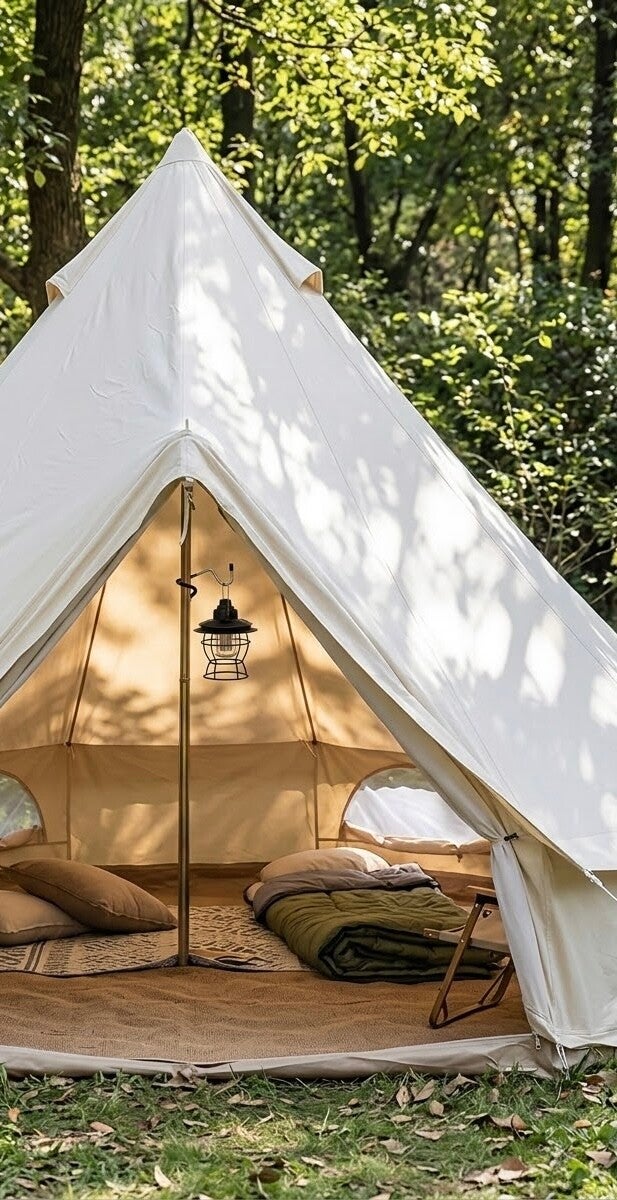 Ledlamp aan een haak aan de middenstok van de bell tent