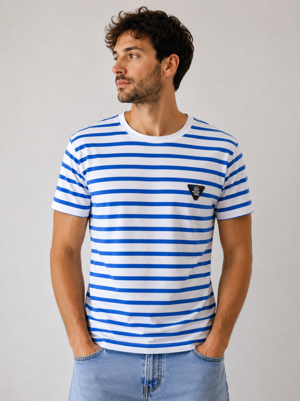 T-shirt Homme Best Mountain Bleu & Blanc Rayé – 100% Coton – Coupe Ajustée