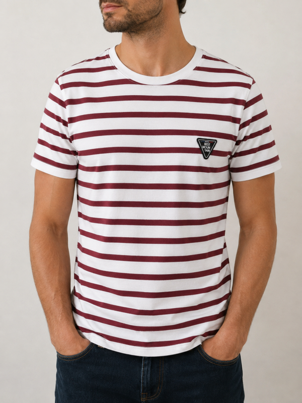 T-shirt Homme Best Mountain Rayé Bordeaux & Blanc – Coupe Ajustée – 100% Coton