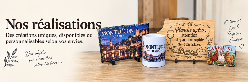 Ardoise personnalisée gravée à Montluçon Mug personnalisé par sublimation à Montluçon Planche apéritive gravée par Atelier Arthaïs Miroir personnalisé gravé au laser Porte-clé personnalisé en bois gravé