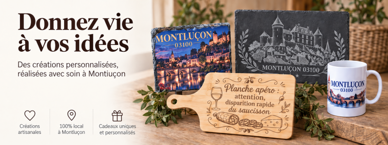Créations personnalisées Atelier Arthaïs à Montluçon : ardoise, mug et planche gravée