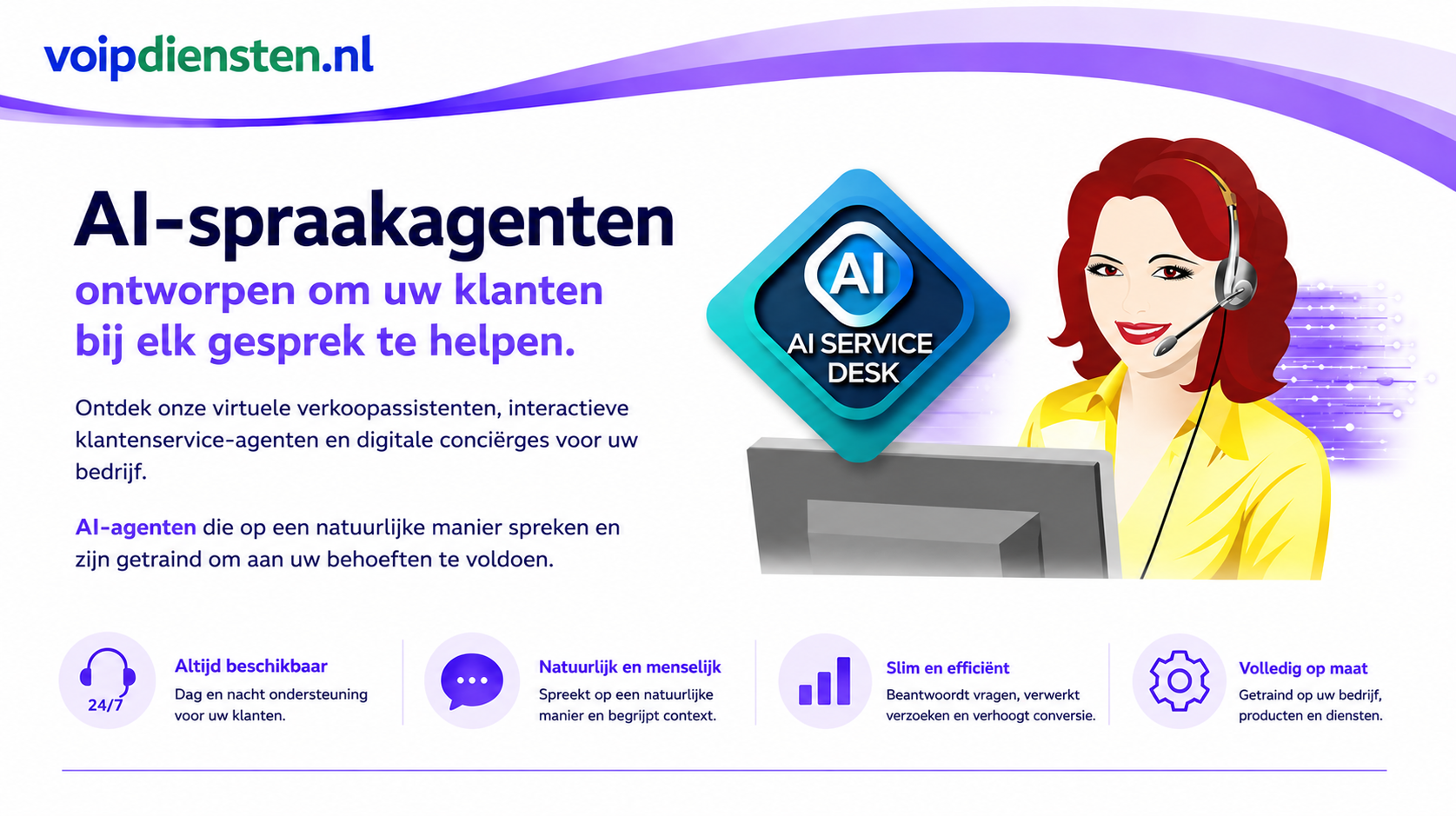 AI- Spraakagenten zijn ontworpen om uw klanten bij elk gesprek te helpen. ✓ 24/7 bereikbaar ✓ spreekt op een natuurlijke en menselijke manier ✓ Beantwoordt vragen, verwerkt verzoeken en verhoogt conversie ✓ Volledig op maat voor uw bedrijf