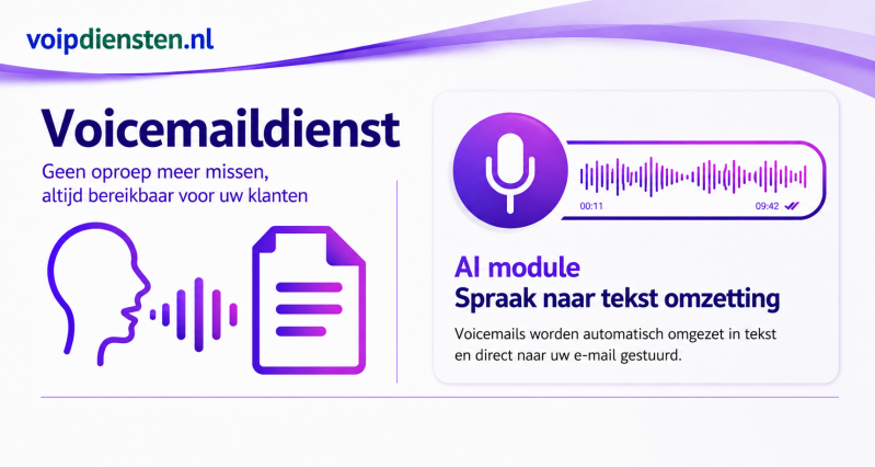 Zakelijke Voicemail To Email nu met AI module translatie Voice To Text  ✓ Ingesproken Voicemailbericht wordt verstuurd naar E-mail ✓ In de E-mail zit de gesproken tekst in Wave bestand ✓ Module AI zet het ingesproken bericht om naar Tekst. ✓ Ondersteund N
