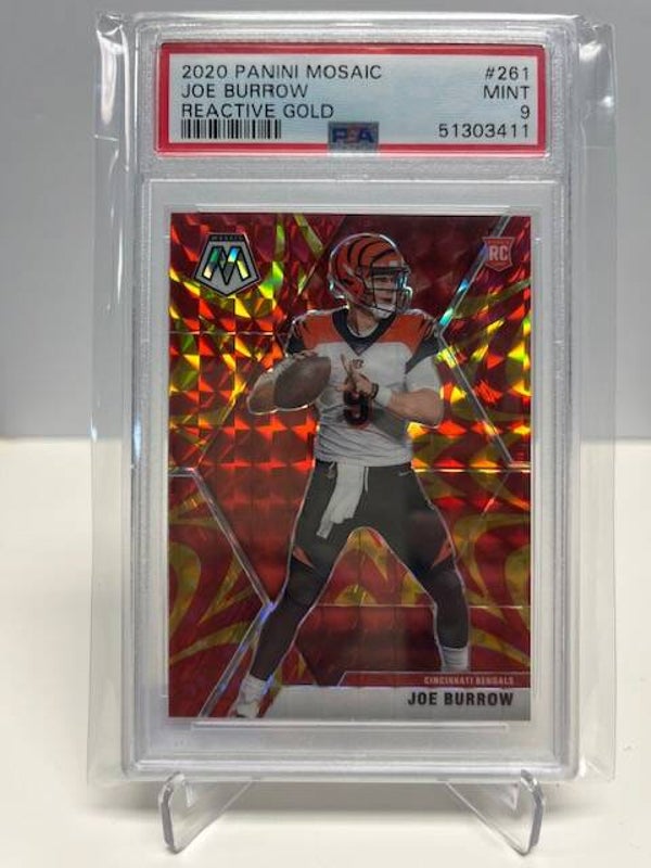 2020 Panini Mosaic Reactive Gold Joe Burrow. MISPRINT PSA 9