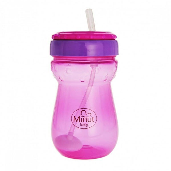 0395 cana anticurgere MINUT Baby cu pai mobil, 360 ml, 6+ roz-mov _ MINUT Baby kiskulacs, 360ml, 6+ rózsaszín-lila