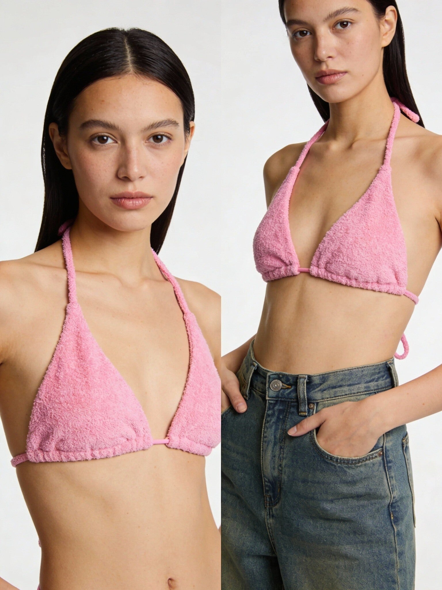 Soft Pink Terry Triangle Bikini Top – Textured Halter Swim Top