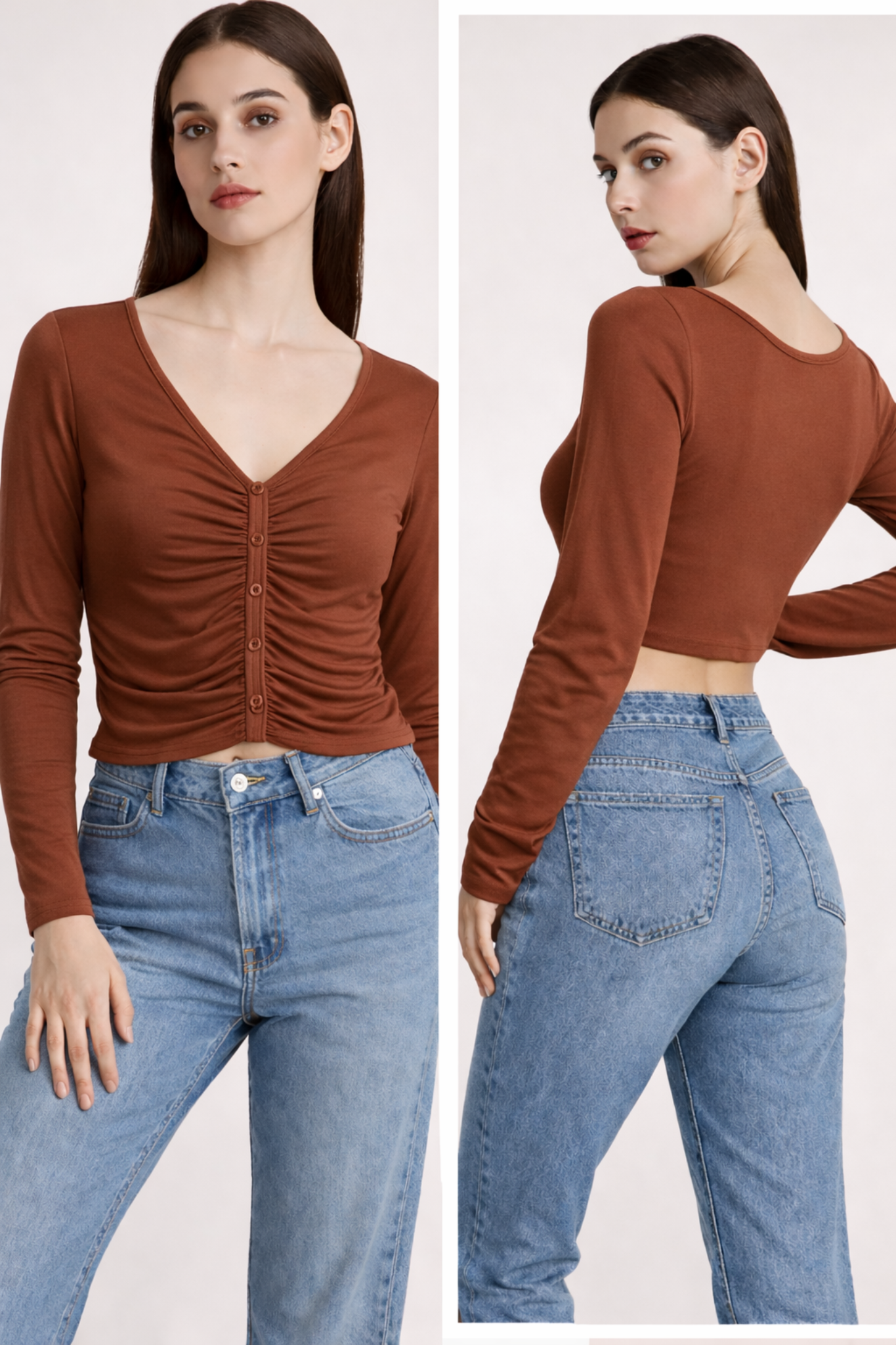 Rust Ruched Button-Front Crop Top