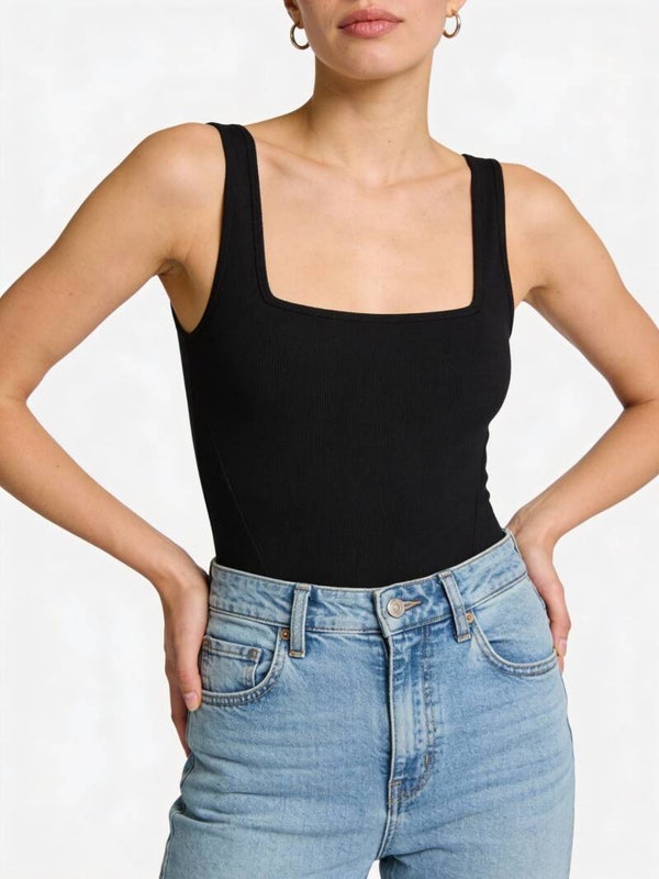 Black Ribbed Square Neck Bodysuit – Sleeveless Essential