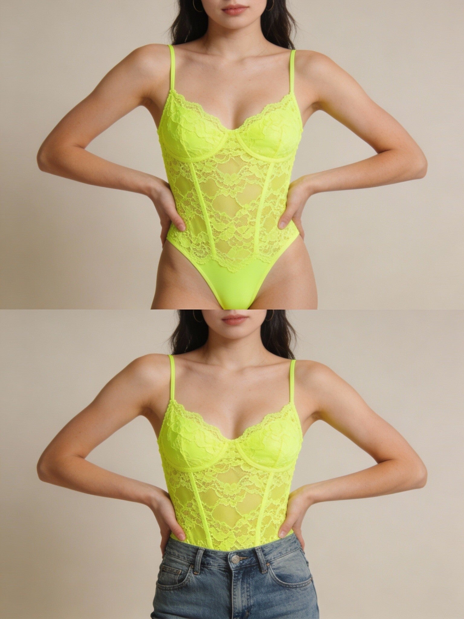 Neon Lime Lace Bodysuit – Sheer Corset Style