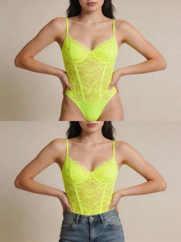 Neon Lime Lace Bodysuit – Sheer Corset Style
