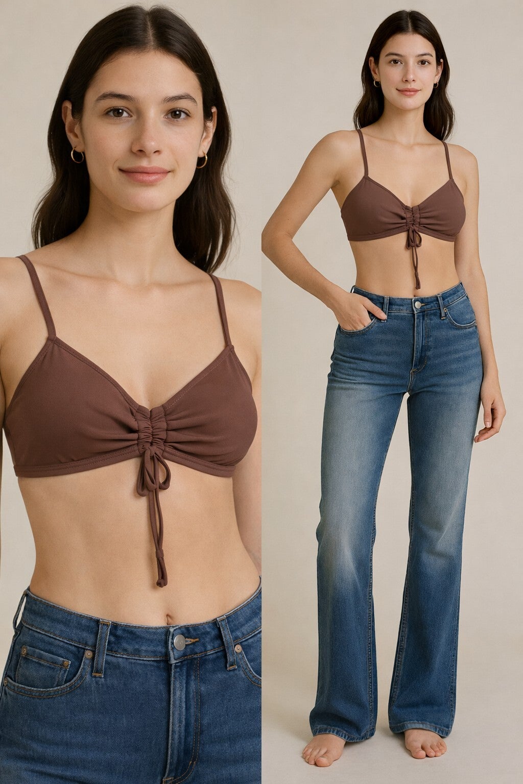 Mocha Ruched Tie Bikini Top