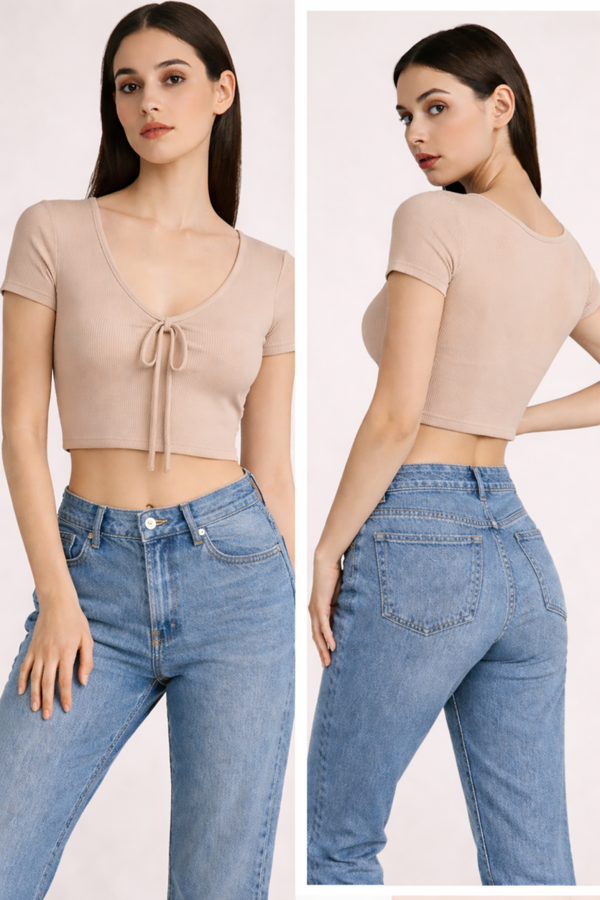 Beige Ribbed Tie-Front Crop Top