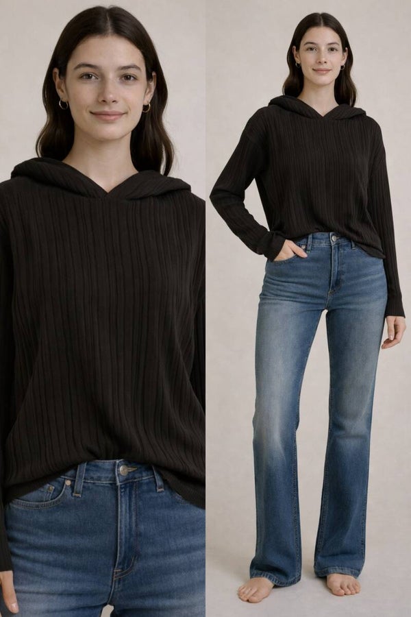 Black Ribbed Hooded Sweater – Lightweight Cozy Pullover