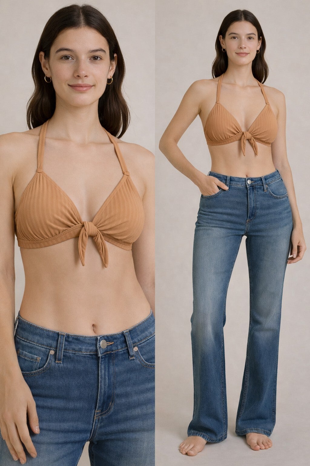 Sand Ribbed Tie Front Bikini Top