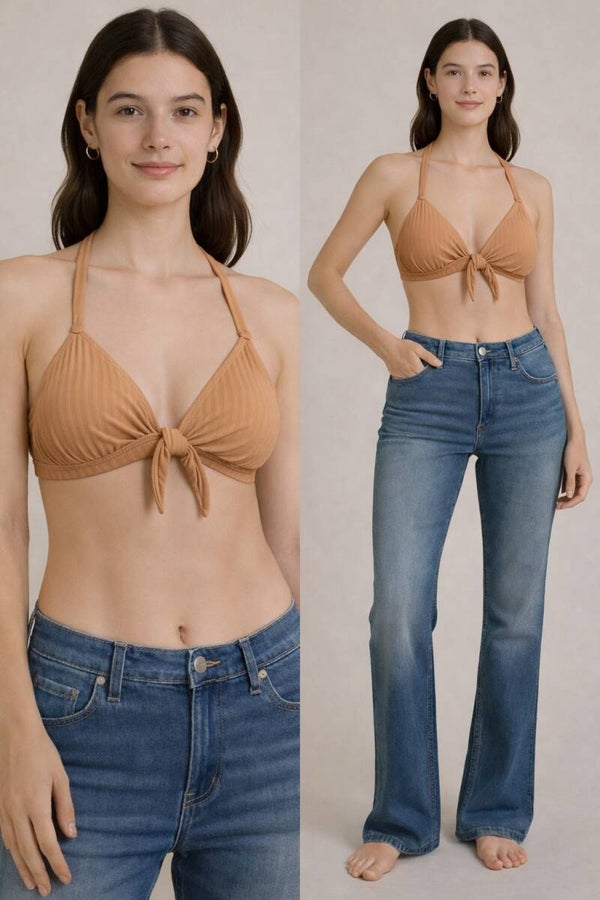 Sand Ribbed Tie Front Bikini Top