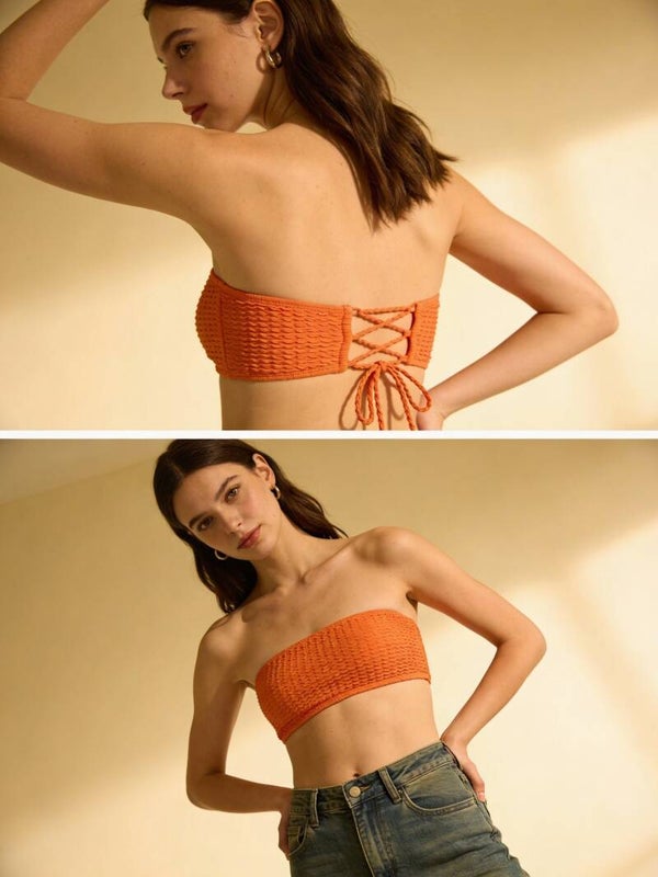 Textured Strapless Bandeau Bikini Top (Orange)