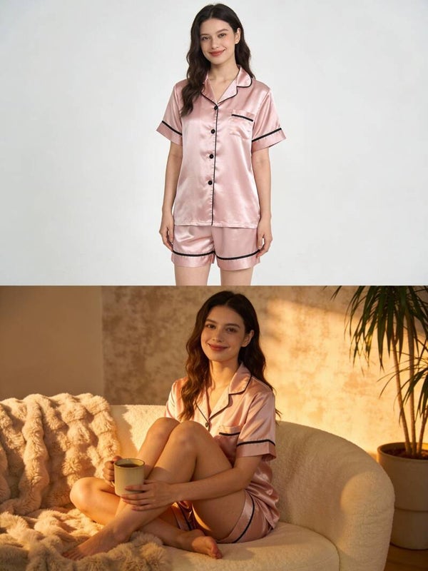 Elevate your loungewear with this blush satin pajama set, designed for both comfort and effortless style. Featuring a button-up short sleeve top with matching shorts, this set delivers a soft, silky feel that’s perfect for relaxing at home or winding down