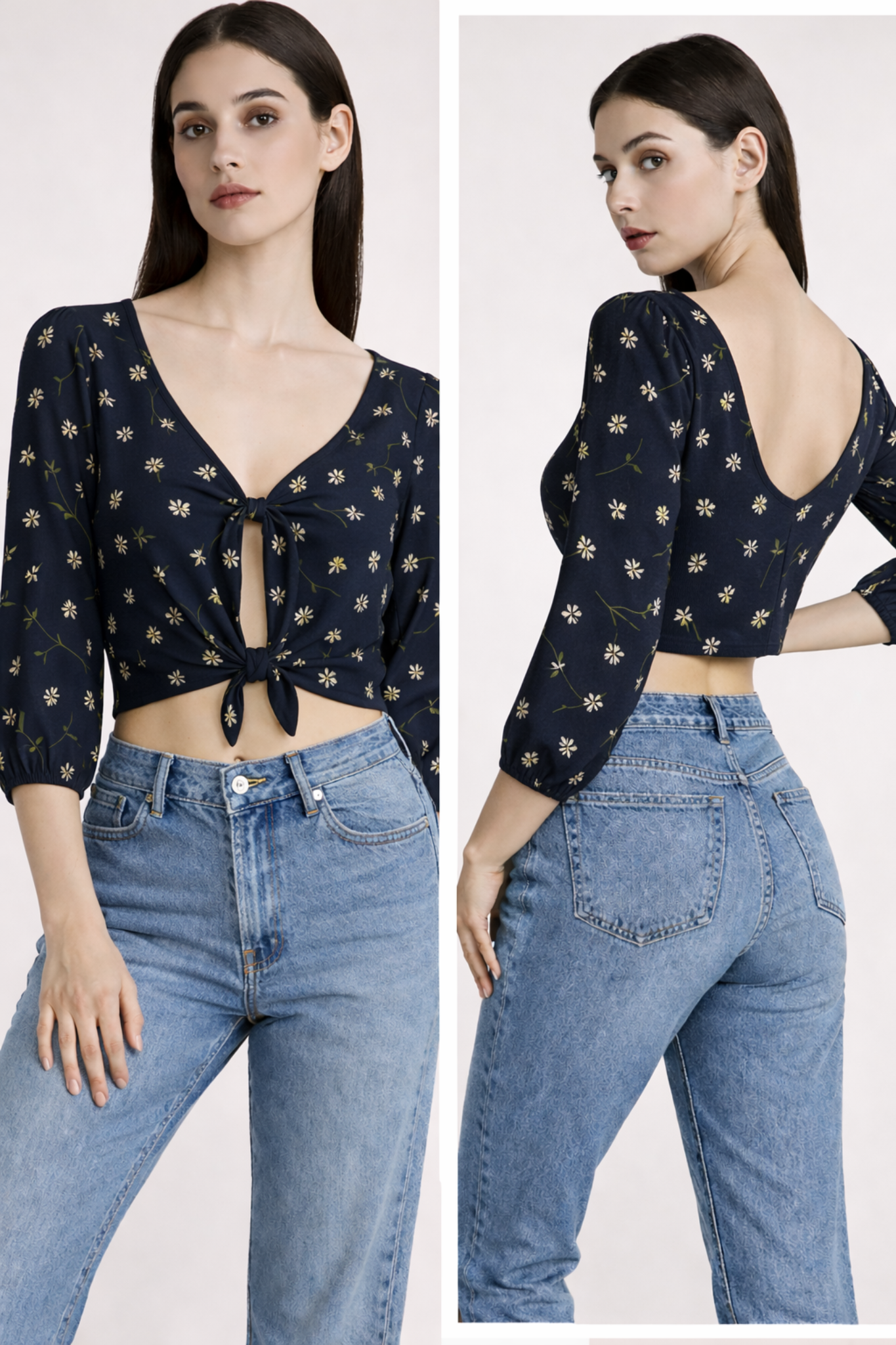 Navy Floral Tie-Front Crop Top