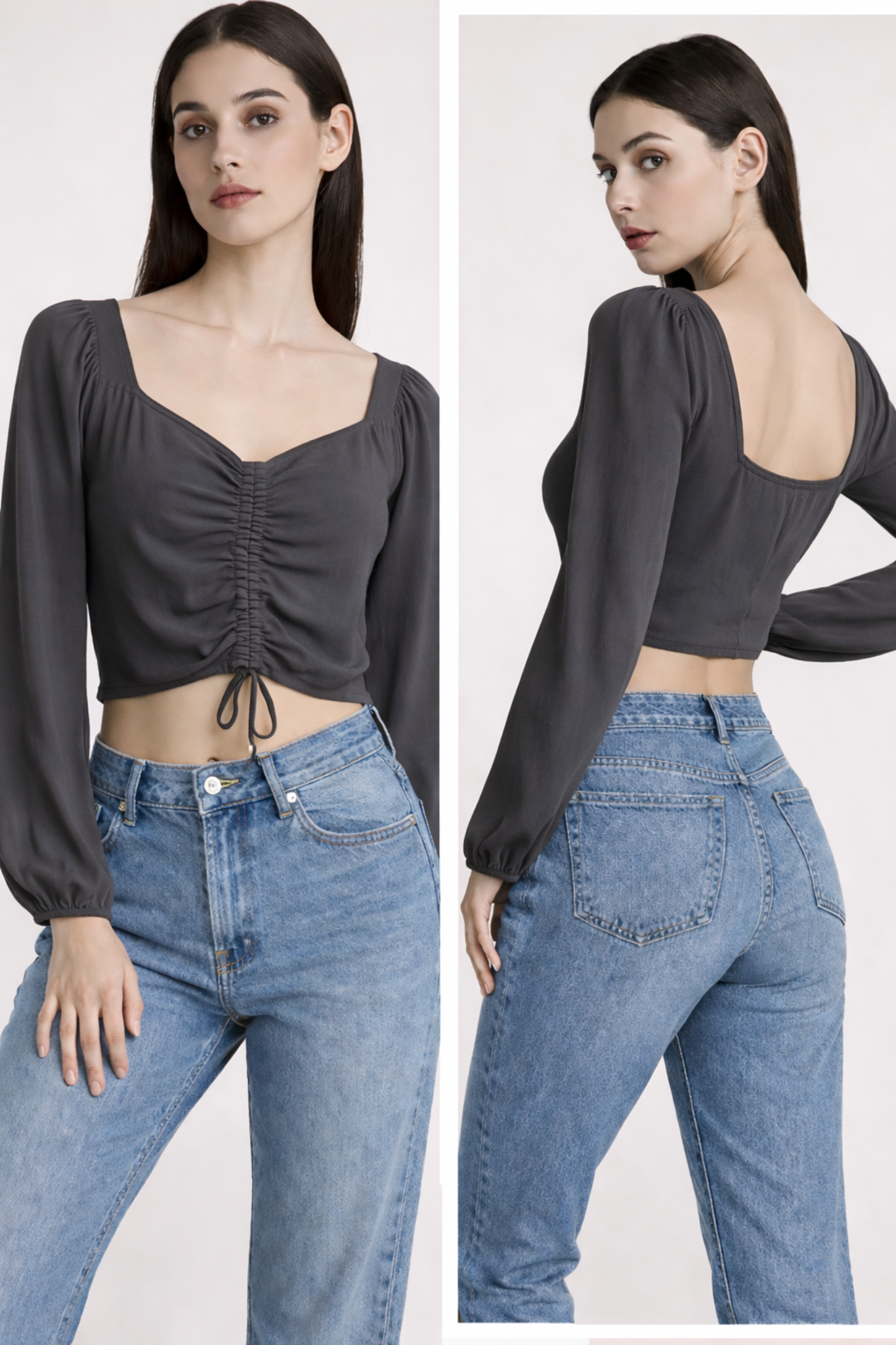 Ruched Front Long Sleeve Crop Top (Charcoal)