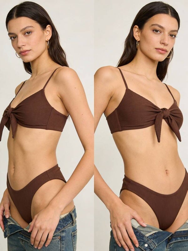 Ribbed Tie-Front Bikini Top – Chocolate Brown