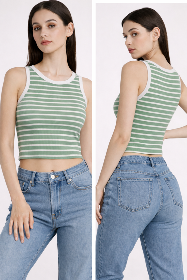 Green Stripe Ribbed Crop Tank Top