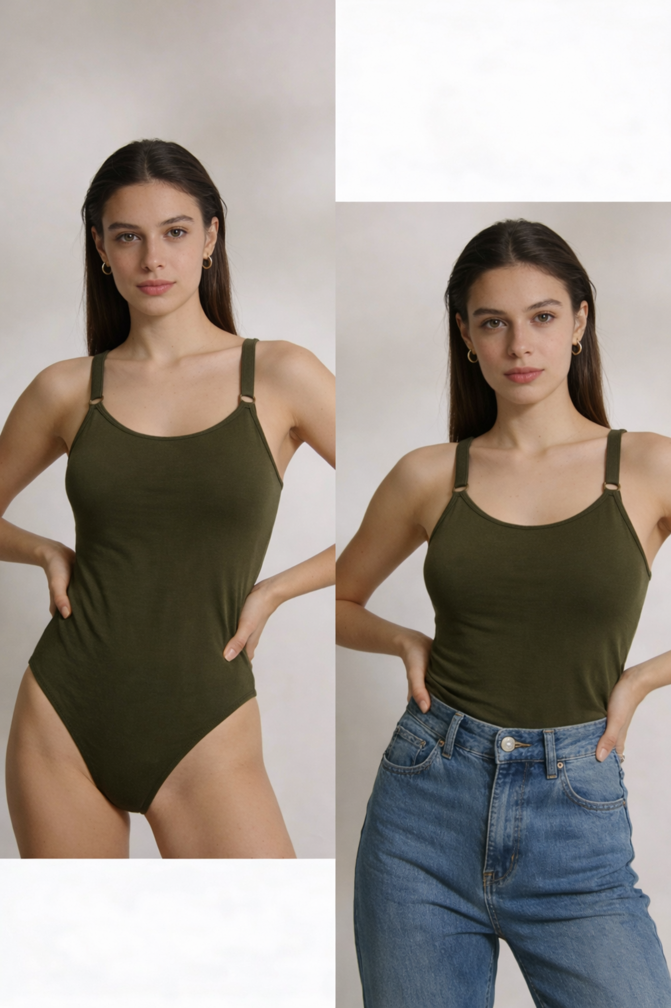Olive Green Stretch Bodysuit – Adjustable Strap Everyday Essential