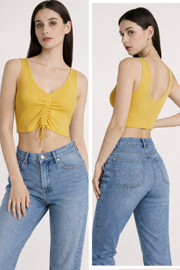 Mustard Ribbed Drawstring Crop Top