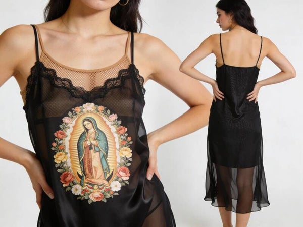 Black Sheer Lace Graphic Slip Midi Dress