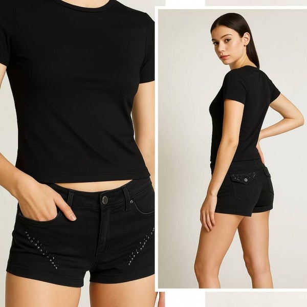 Black Stud Detail Low-Rise Shorts