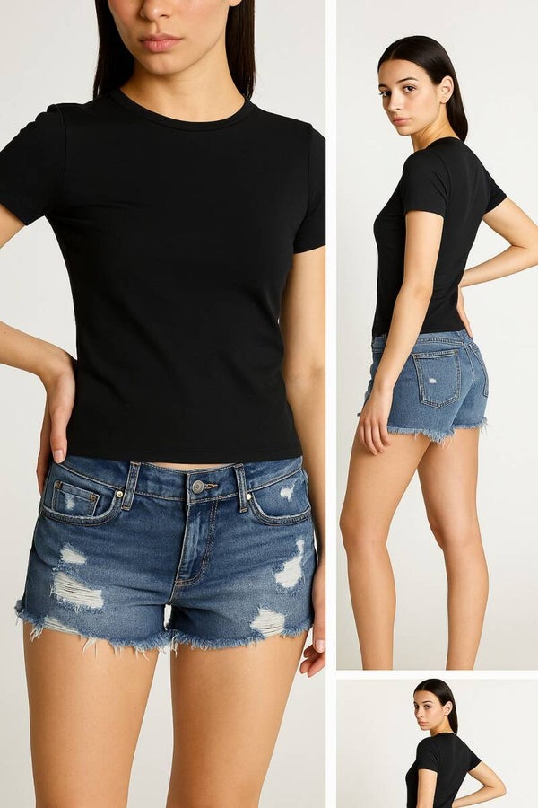 Medium Wash Heavy Distressed Denim Shorts