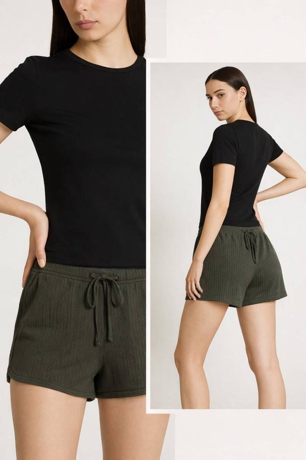 Olive Ribbed Drawstring Lounge Shorts  SKU: