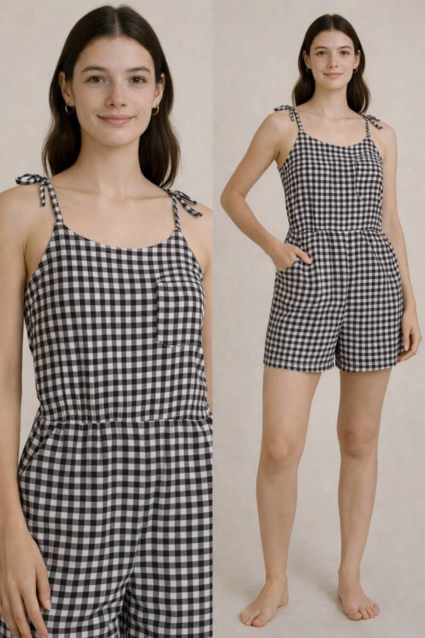 Black & White Gingham Tie-Strap Romper
