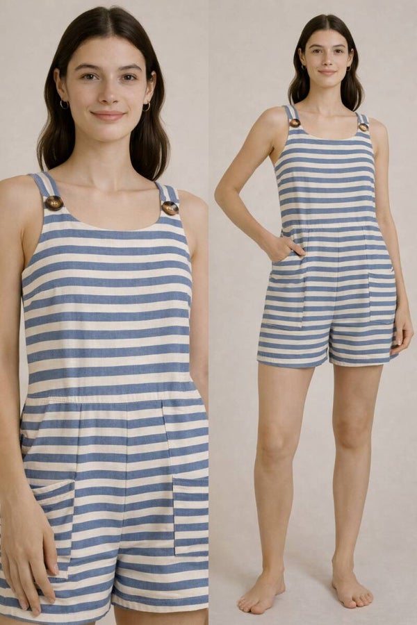 Blue & Ivory Striped Button-Strap Romper