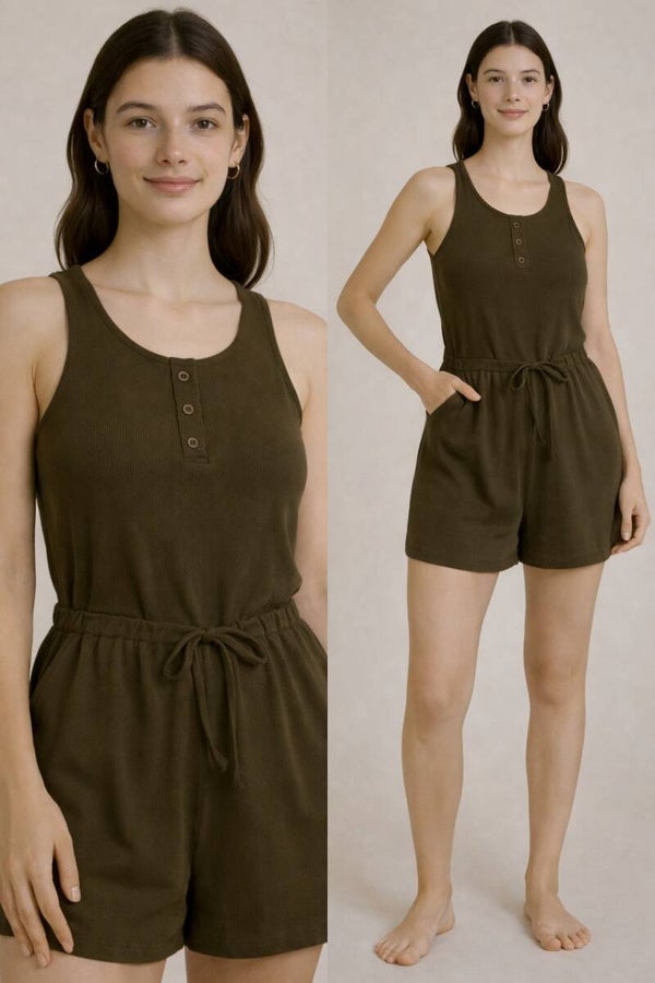 Olive Ribbed Drawstring Romper