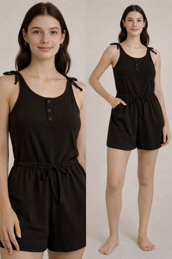 Black Ribbed Tie-Strap Romper
