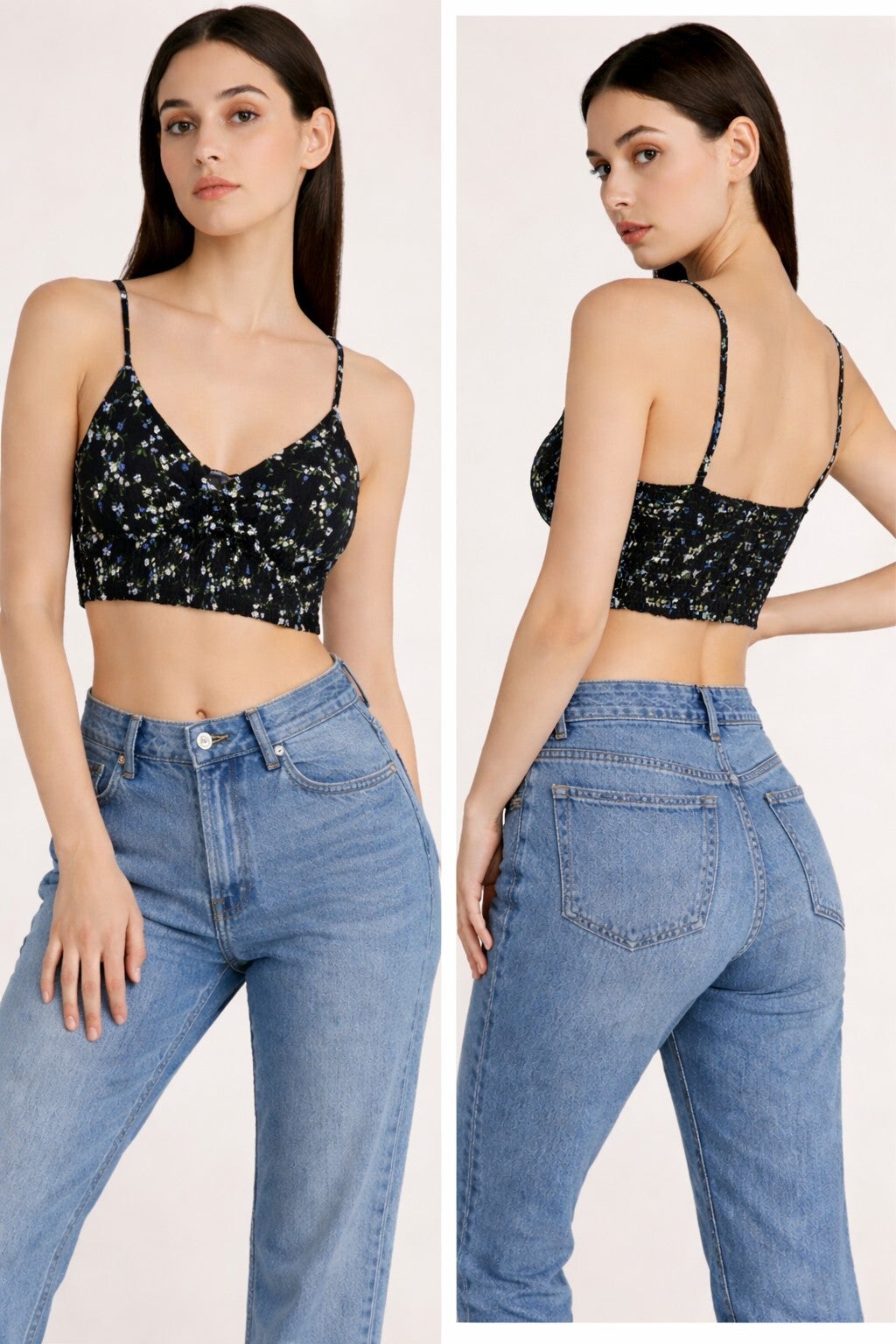 Black Floral Smocked Crop Cami Top