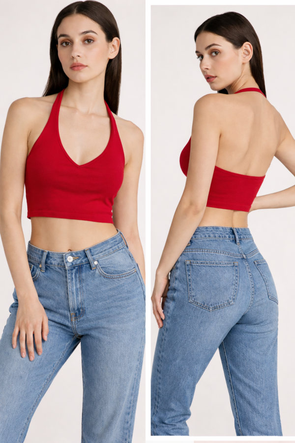 Red Halter Neck Crop Tank Top