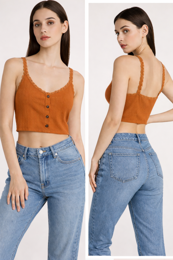 Rust Button Front Ribbed Crop Cami Top