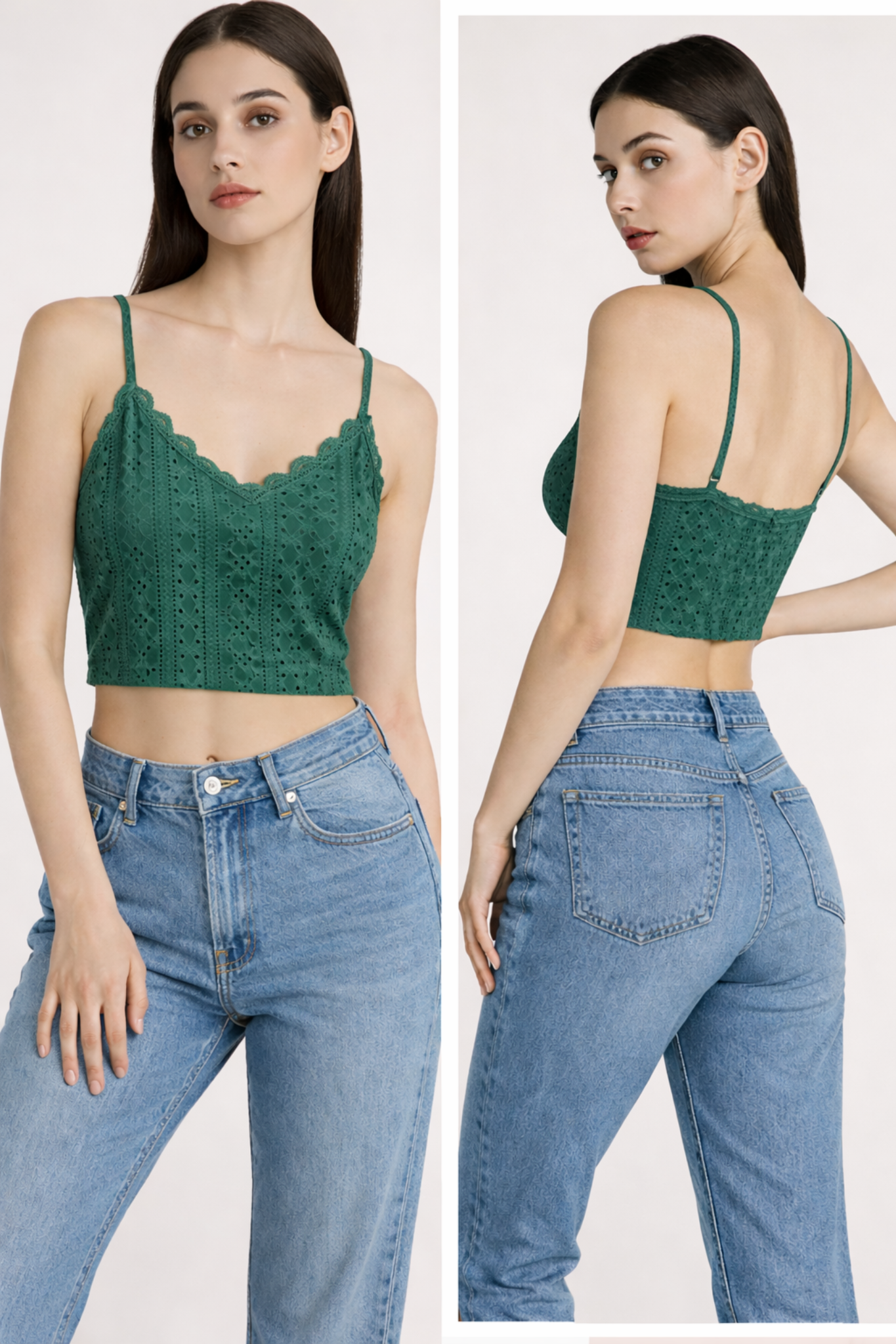 Forest Green Eyelet Lace Trim Crop Cami Top