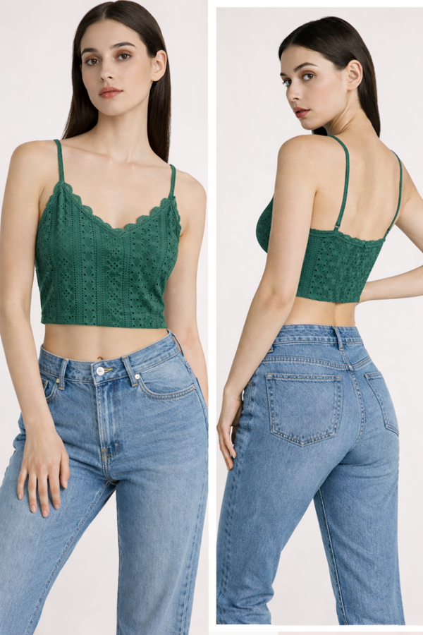Forest Green Eyelet Lace Trim Crop Cami Top