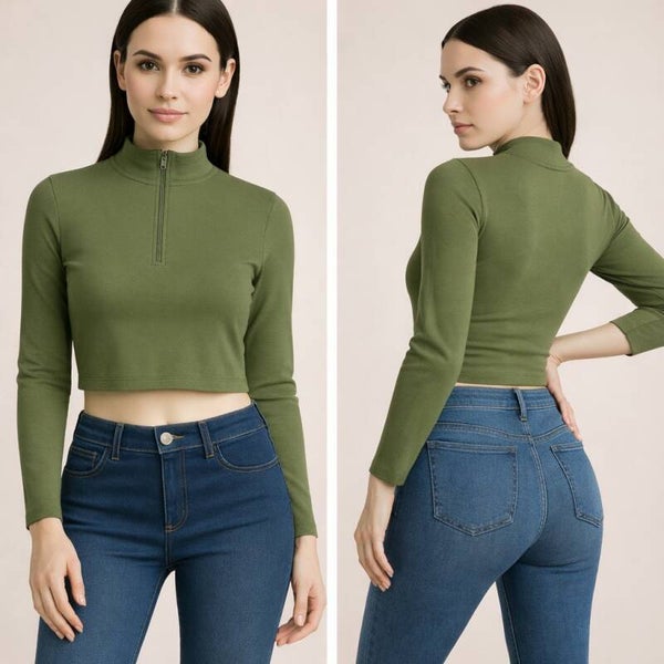 Olive Zip Front Long Sleeve Crop Top